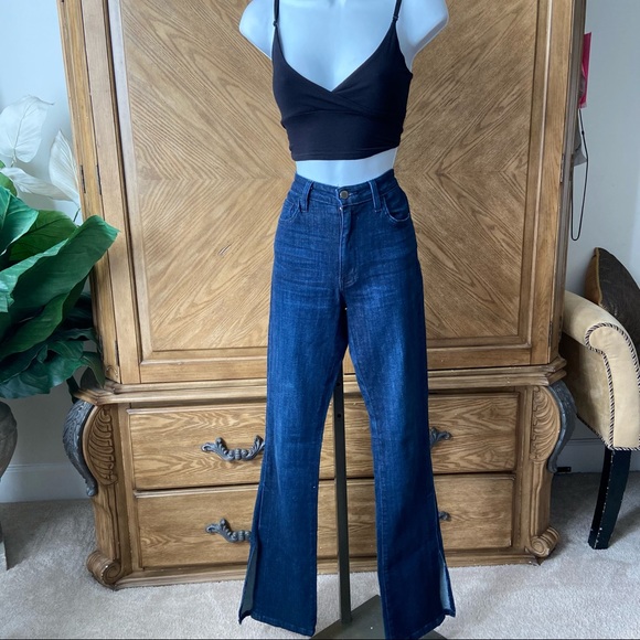 Fashion Nova Dark Denim Split Leg Bell Bottom Jeans White Flare - Picture 2 of 8